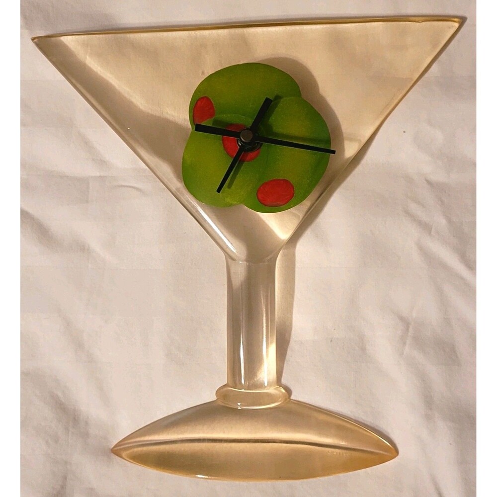 Vtg Lucite Acrylic Martini Glass Shaped Wall Clock Quartz Battery Cocktail Theme